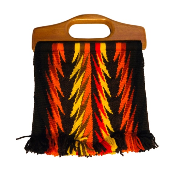 Vintage Handbags - Vintage Fringe Wool Knit Handbag & Wooden Handles